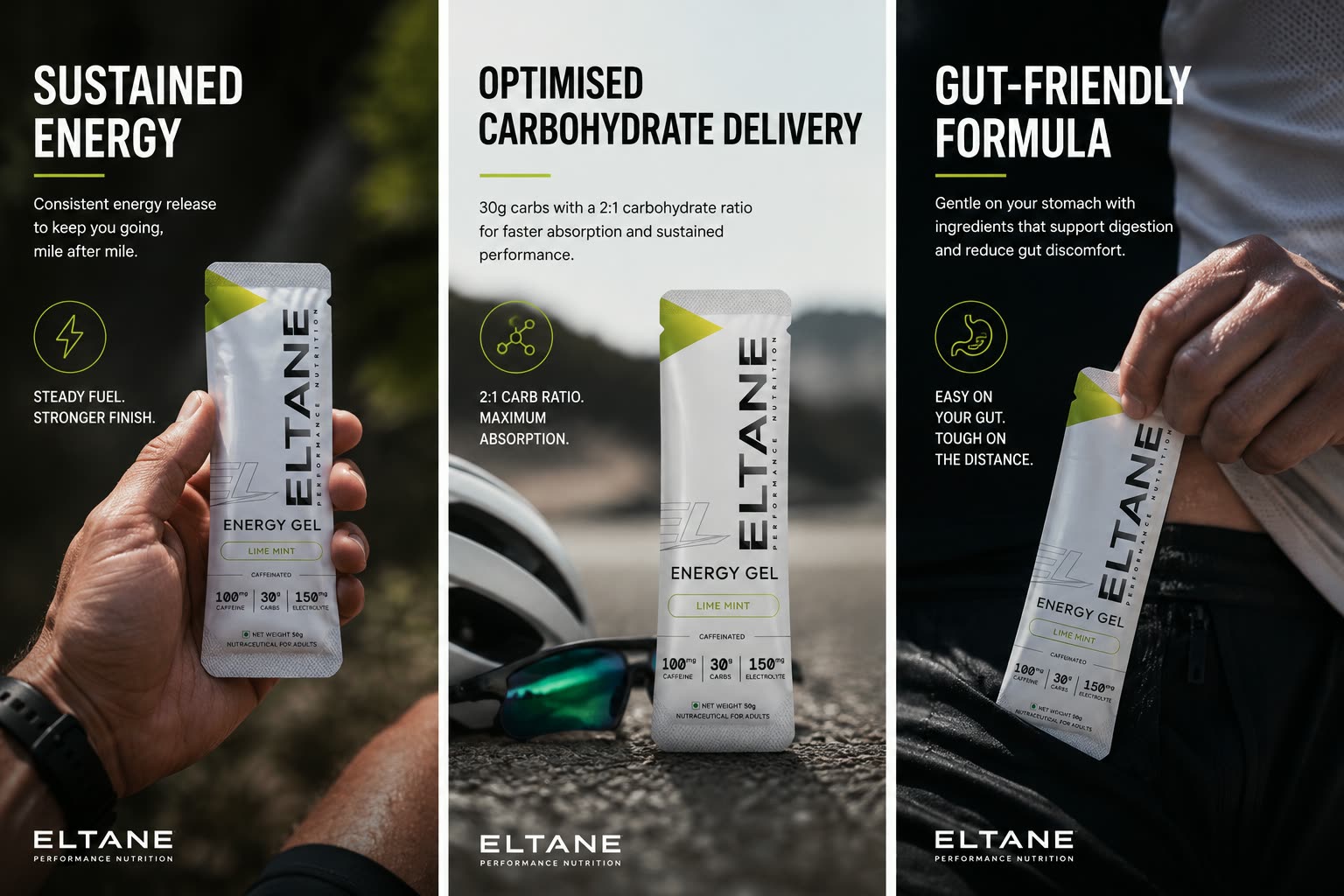 Three Eltane Performance Gel campaign panels: sustained energy, optimised carbohydrate delivery, and a gut-friendly formula.